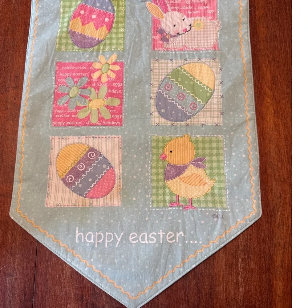 Happy Easter Quilted Table Runner Blue Polka Dot Bunny Chick‎ Eggs 13x36 LLL